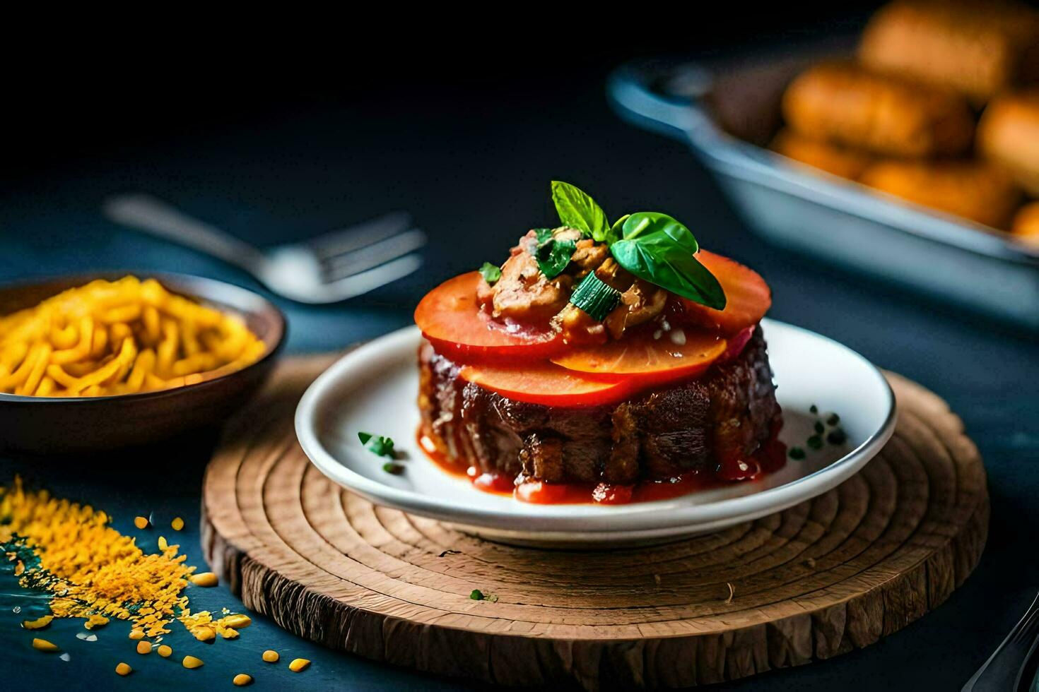 a plate with a meat dish on it. AI-Generated photo