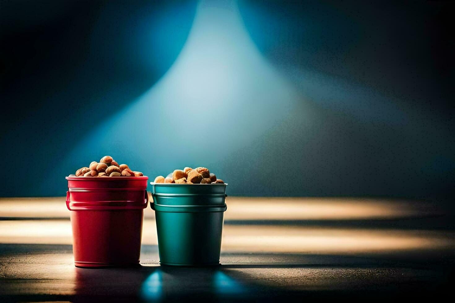 two buckets of popcorn on a table. AI-Generated photo