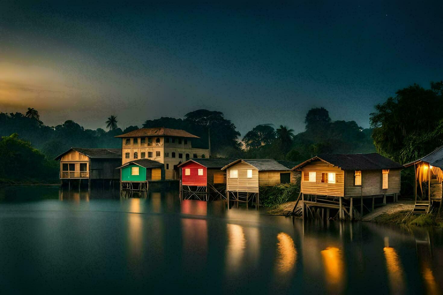 houses on stilts in the water at night. AI-Generated photo