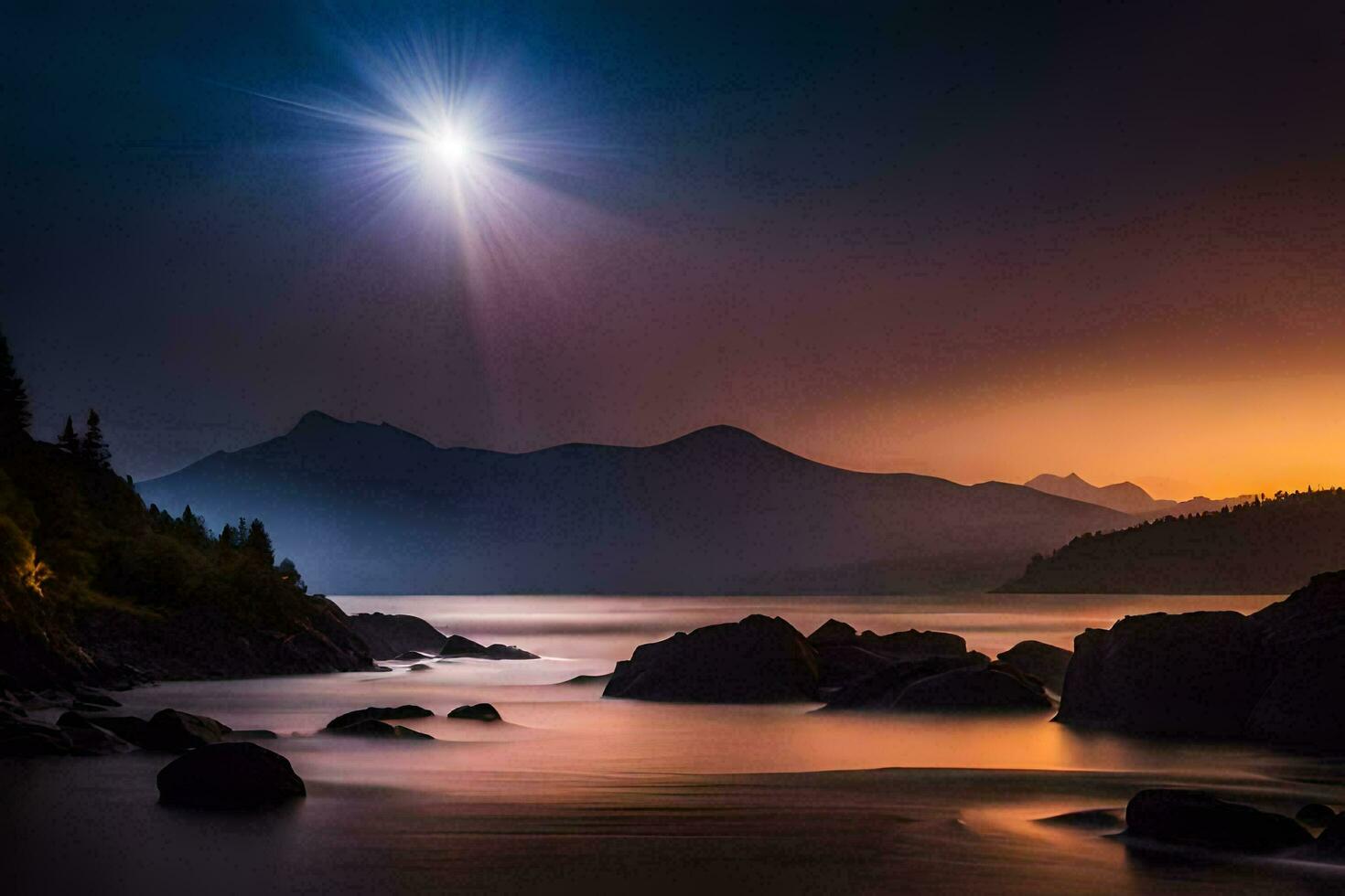 the sun shines over a mountain range and a lake. AI-Generated photo