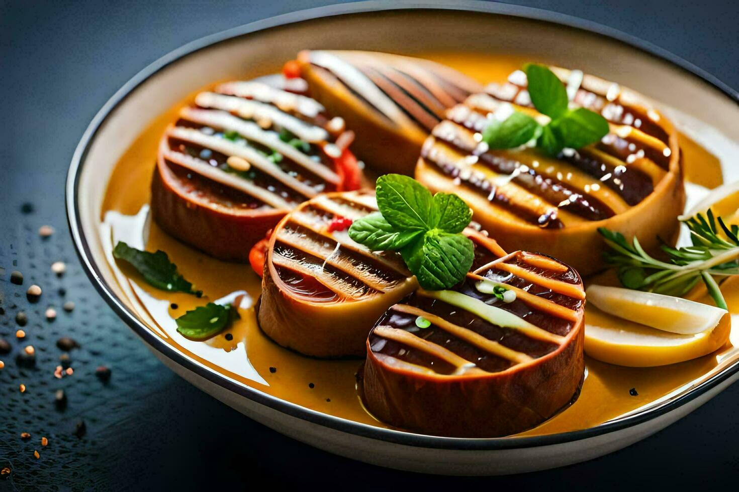 a plate of grilled meat with a sauce. AI-Generated photo