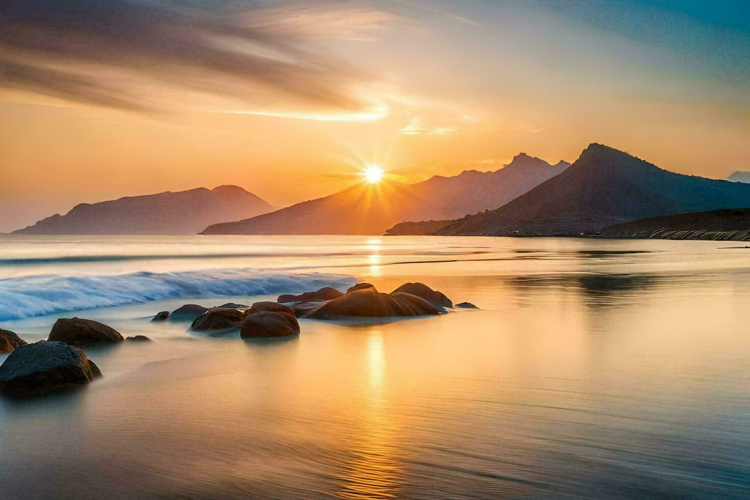 el Dom sube terminado el Oceano y montañas. generado por ai foto