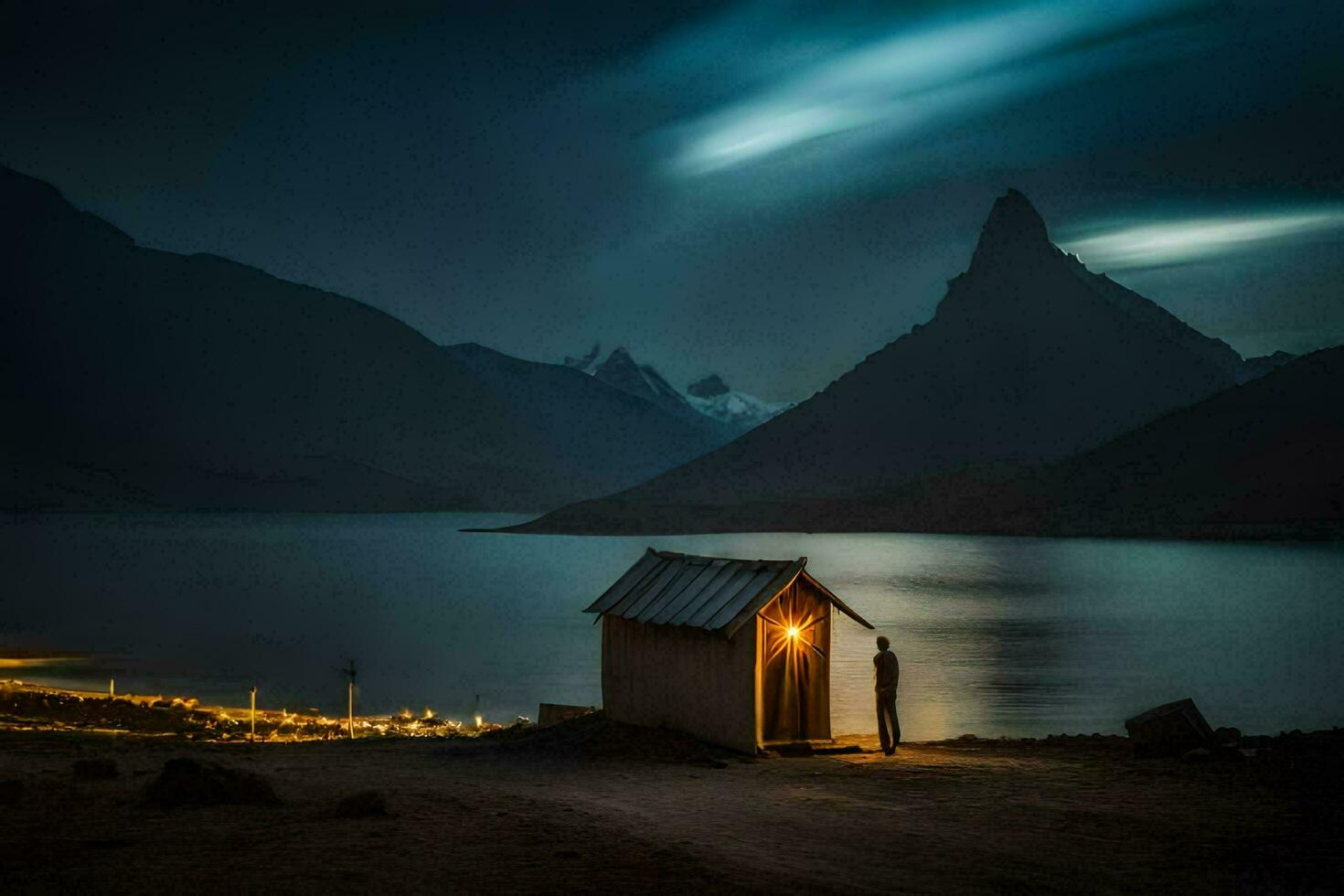 a small hut sits on the shore of a lake at night. AI-Generated photo