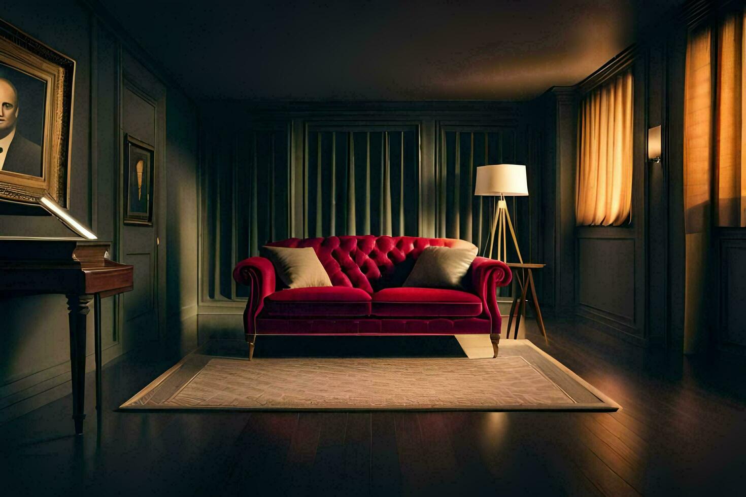a red couch in a dark room with a lamp. AI-Generated photo