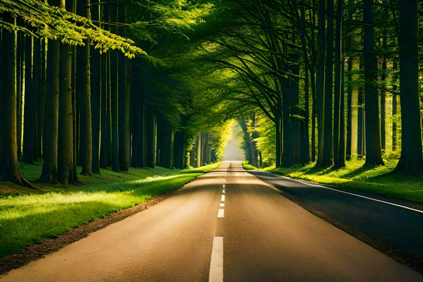 a road in the middle of a forest with trees. AI-Generated photo
