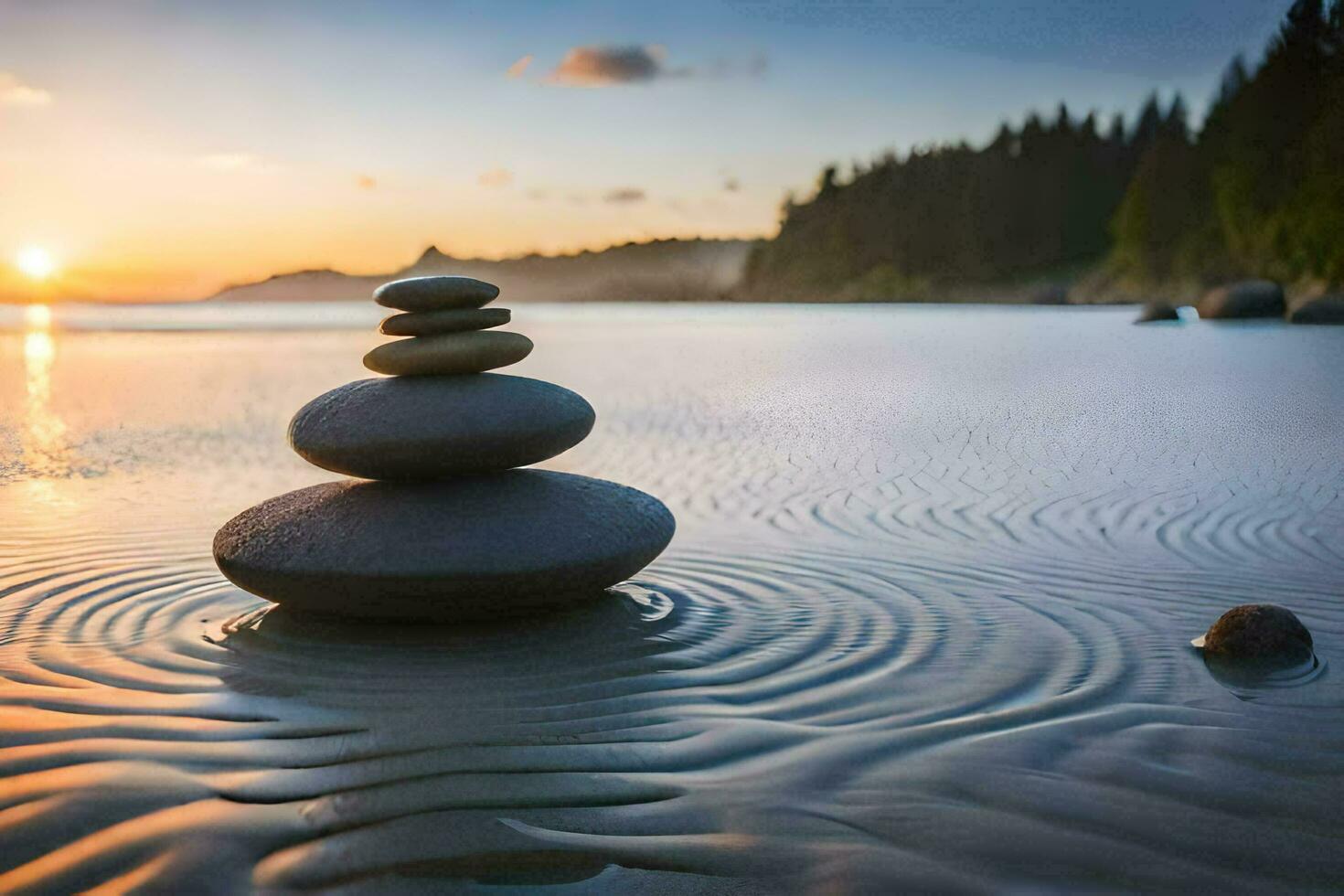 stacked stones on the beach at sunset. AI-Generated photo