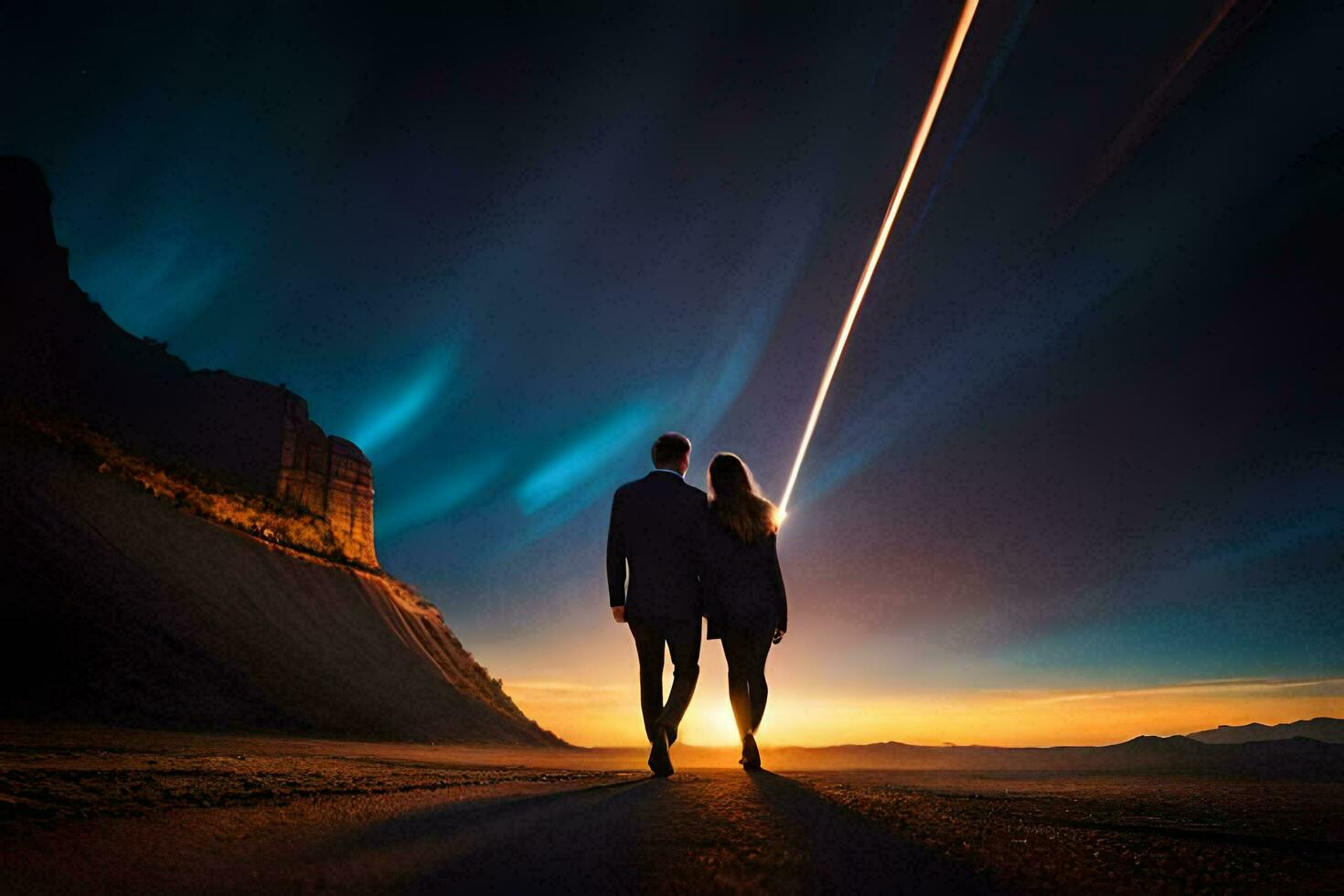 a couple walking in the desert at sunset. AI-Generated photo