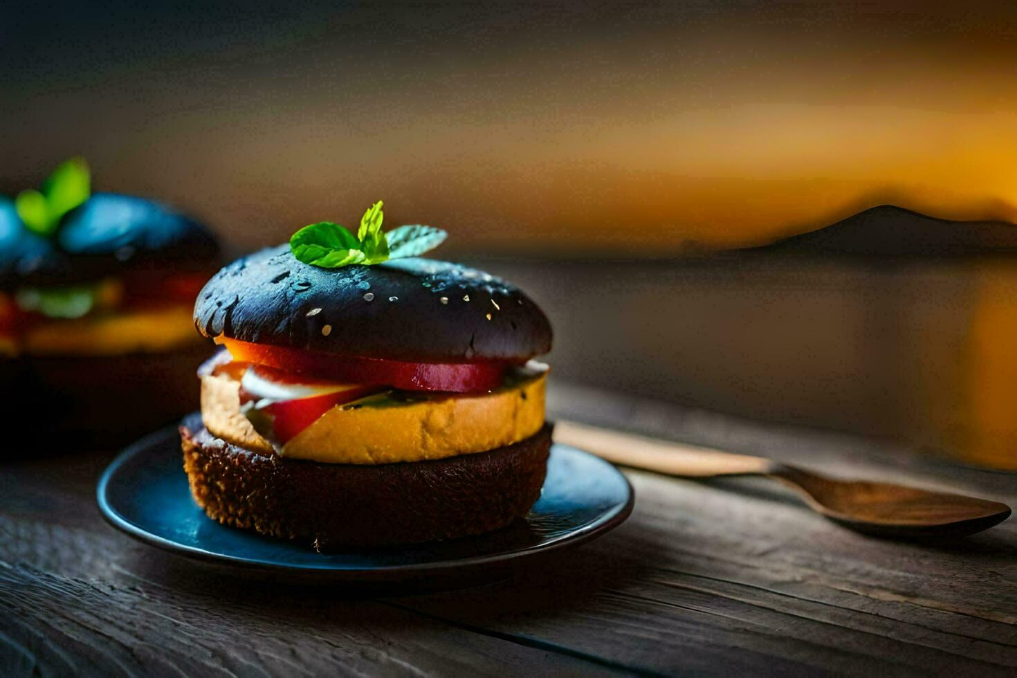 two hamburgers on a plate with a sunset in the background. AI-Generated photo