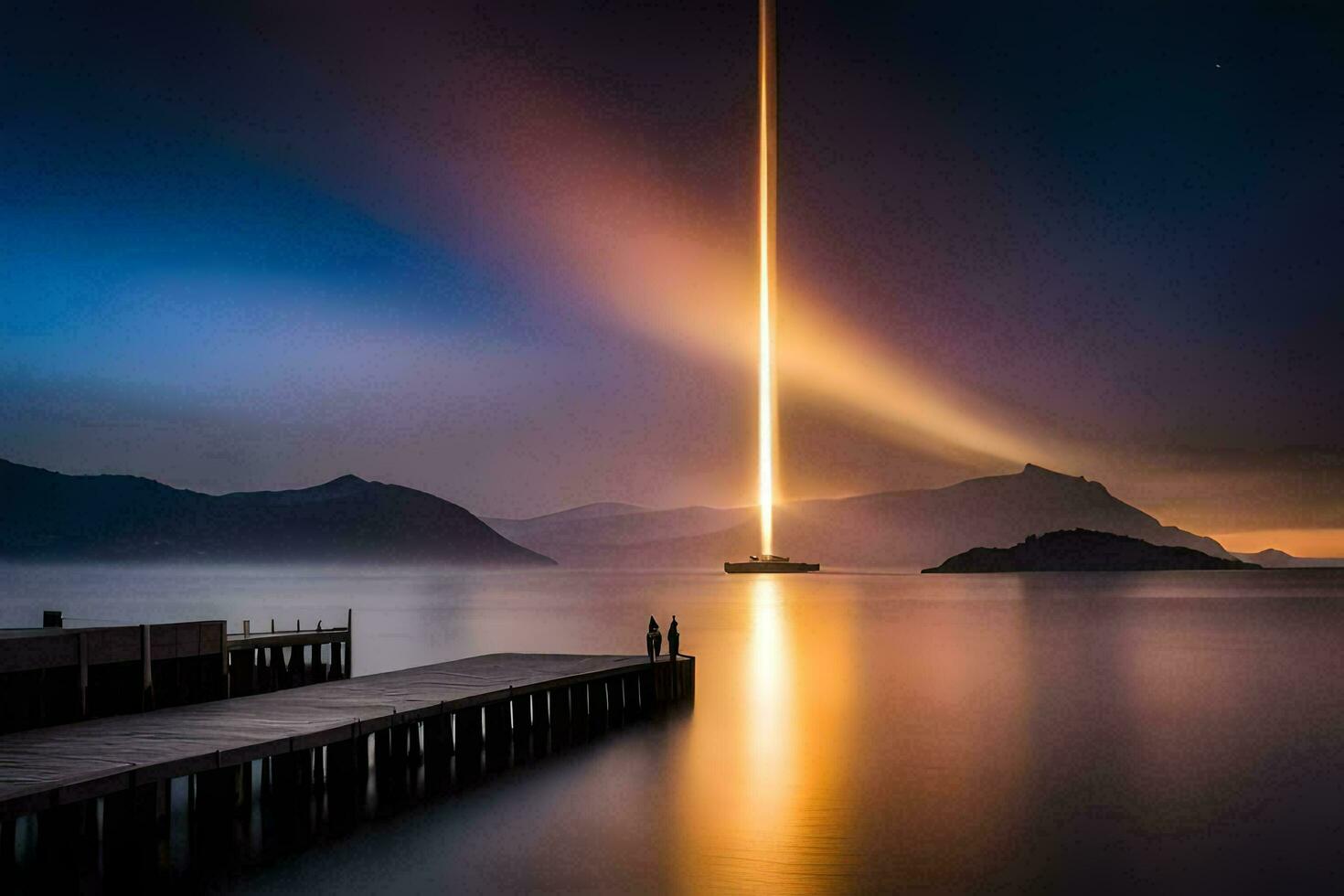 a long beam of light is shining over a dock. AI-Generated photo