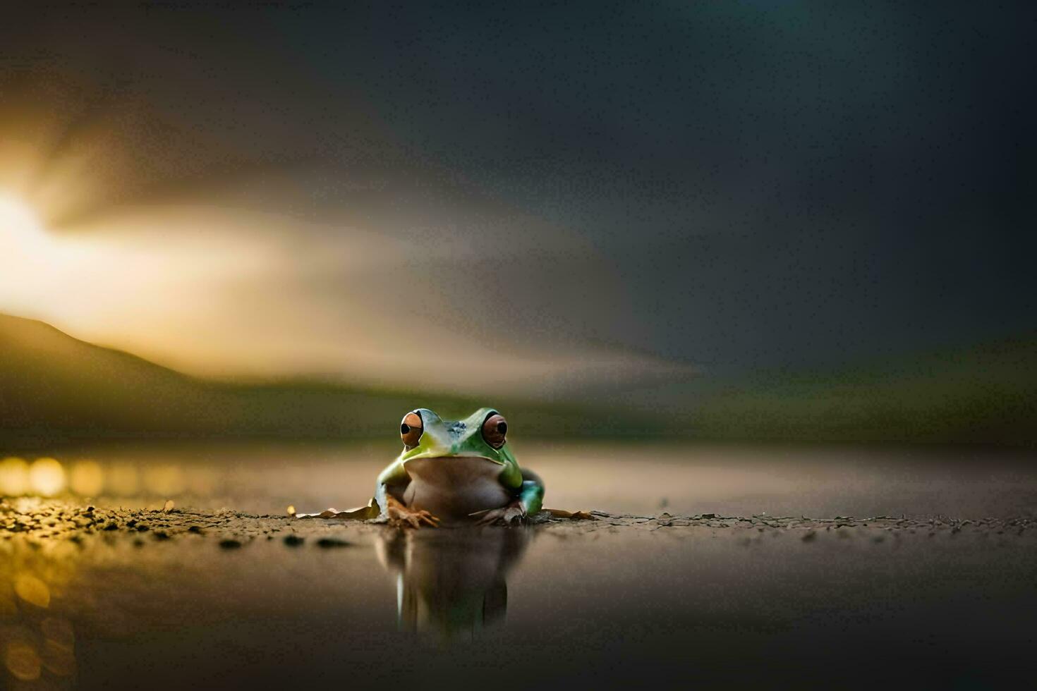 a frog sitting on the ground in front of the sun. AI-Generated photo