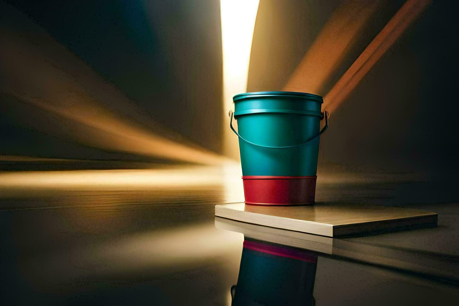 a red and blue bucket sitting on top of a table. AI-Generated photo