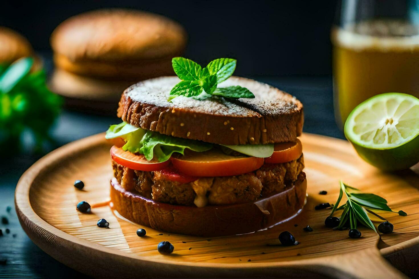 a burger with tomatoes, lettuce and cheese on a wooden plate. AI-Generated photo