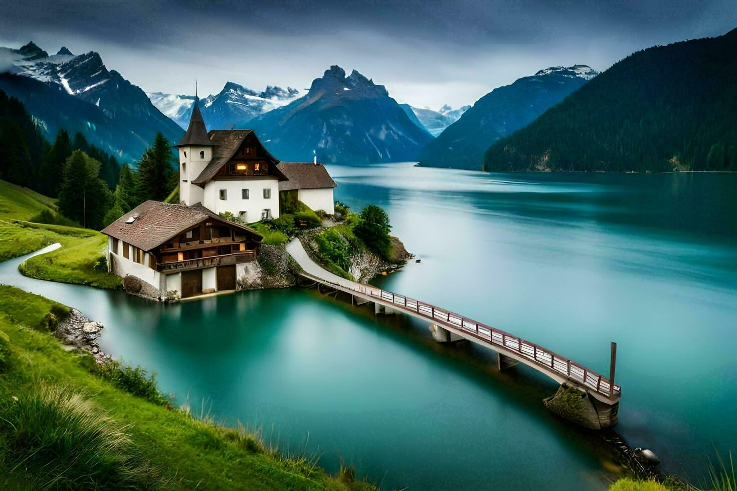 a beautiful lake and a church in the mountains. AI-Generated photo