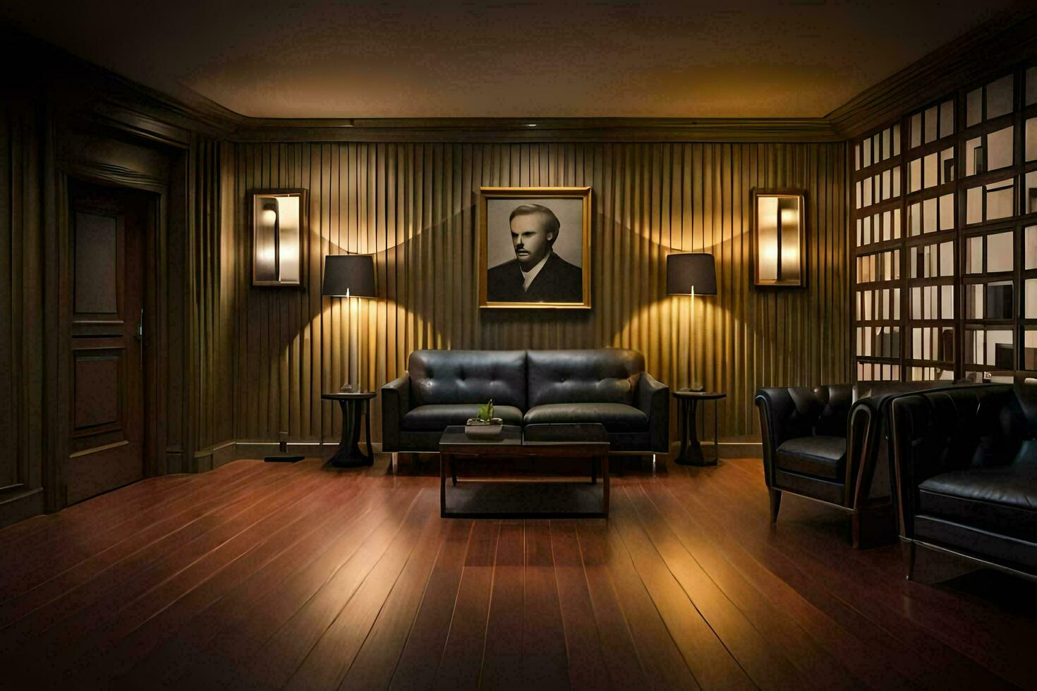 the room has a wooden floor and a large painting on the wall. AI-Generated photo