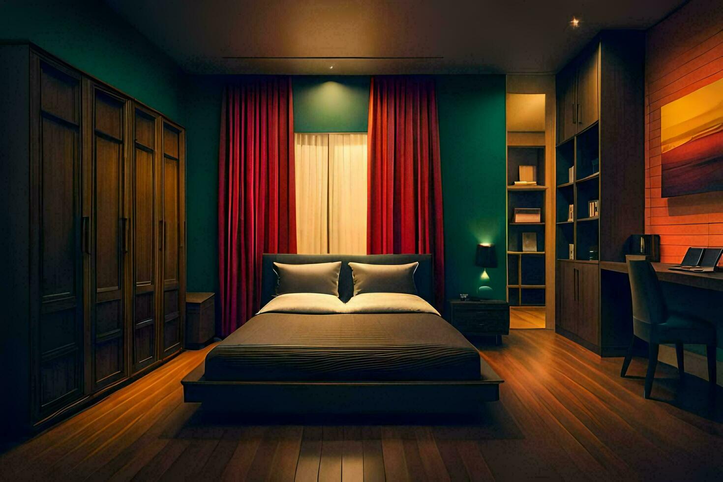 a bedroom with a bed, desk and bookshelves. AI-Generated photo
