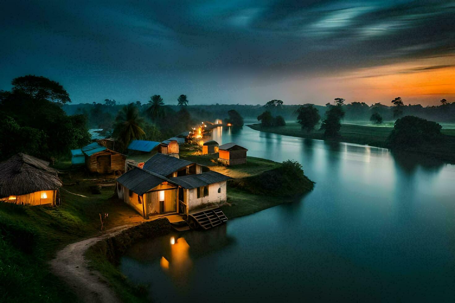 a house on the bank of a river at dusk. AI-Generated photo