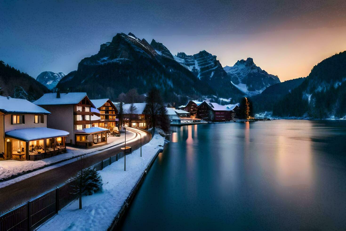 a beautiful winter scene with snow covered mountains and houses. AI-Generated photo