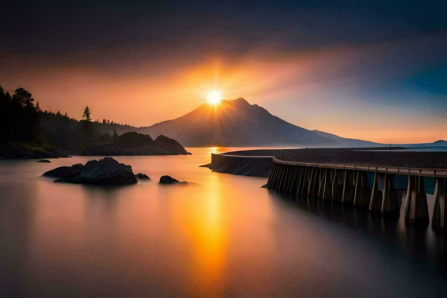 the sun rises over a mountain and a dock. AI-Generated photo