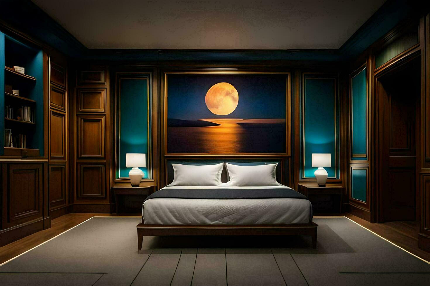 a bedroom with a large bed and a painting of a moon. AI-Generated photo