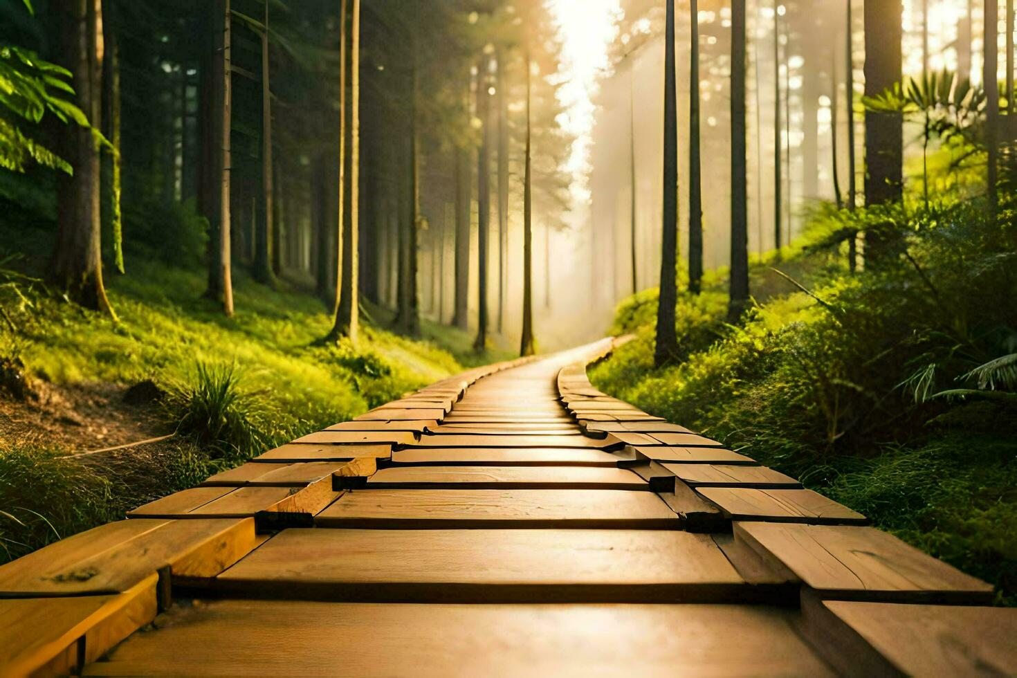 a wooden path in the forest with sun shining through. AI-Generated photo