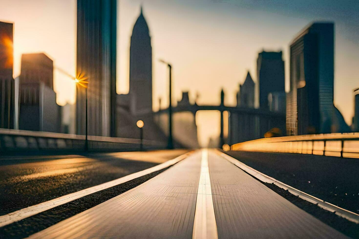 a city street with a long bridge leading to the sun. AI-Generated photo