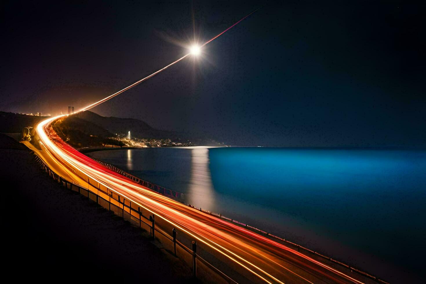 a long exposure photograph of a car driving along the road at night. AI-Generated photo