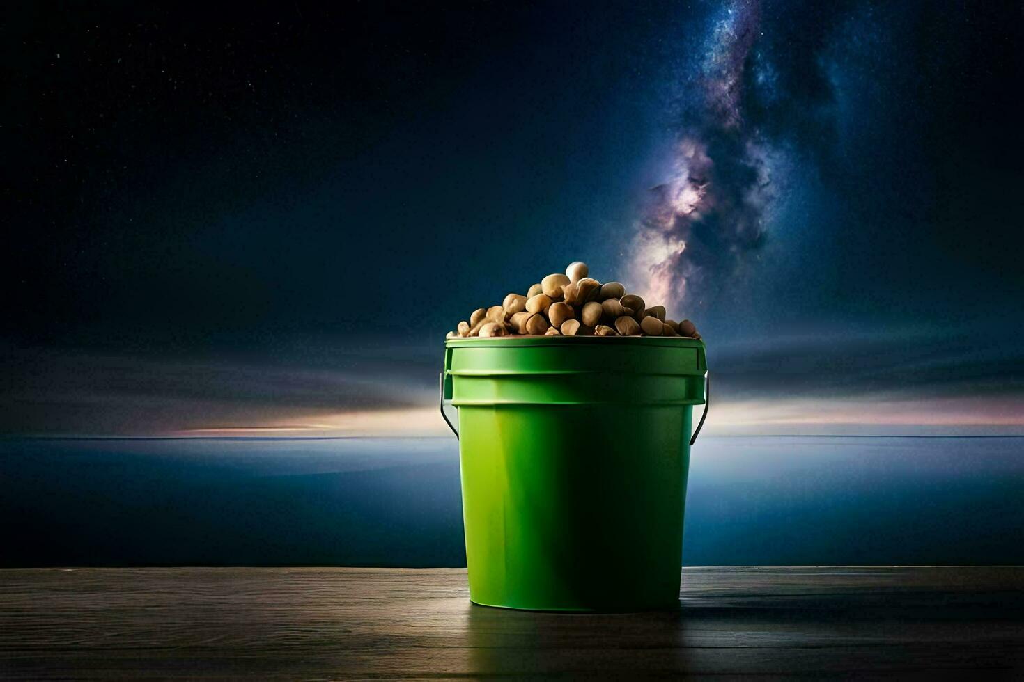 a bucket full of peanuts on a table in front of a milky sky. AI-Generated photo