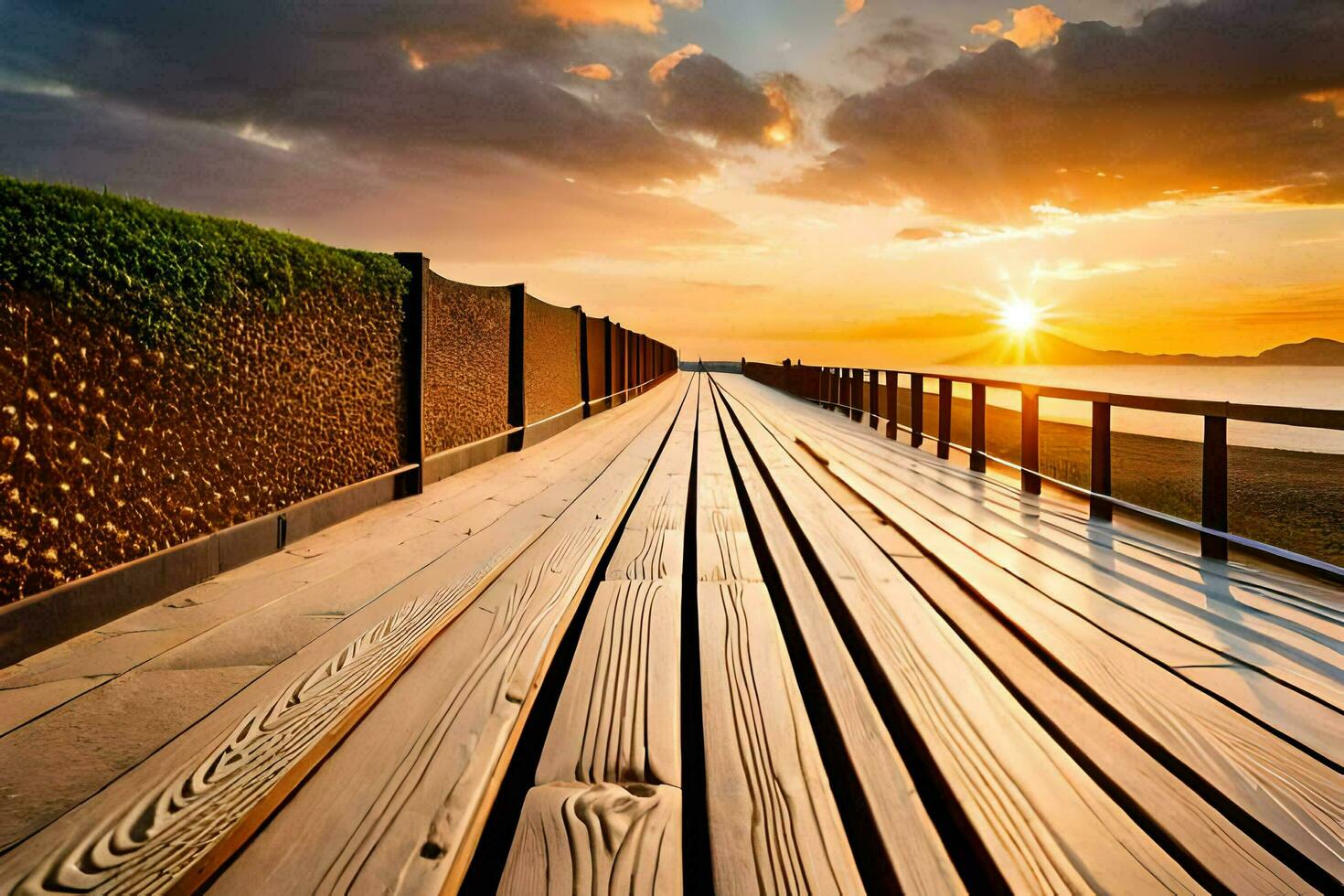 a wooden boardwalk leads to the ocean at sunset. AI-Generated photo