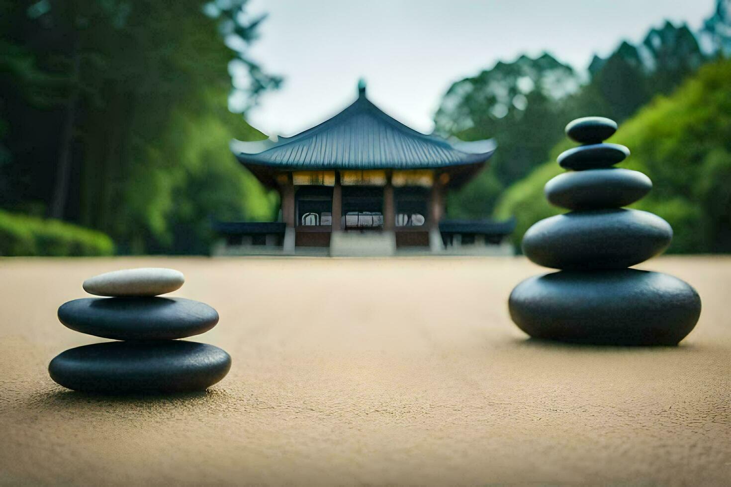 a group of stones in front of a pagoda. AI-Generated photo