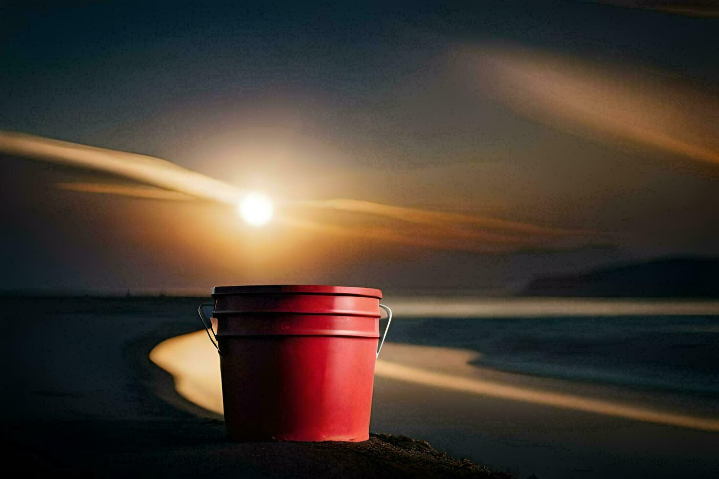 a red bucket sitting on the beach at sunset. AI-Generated photo