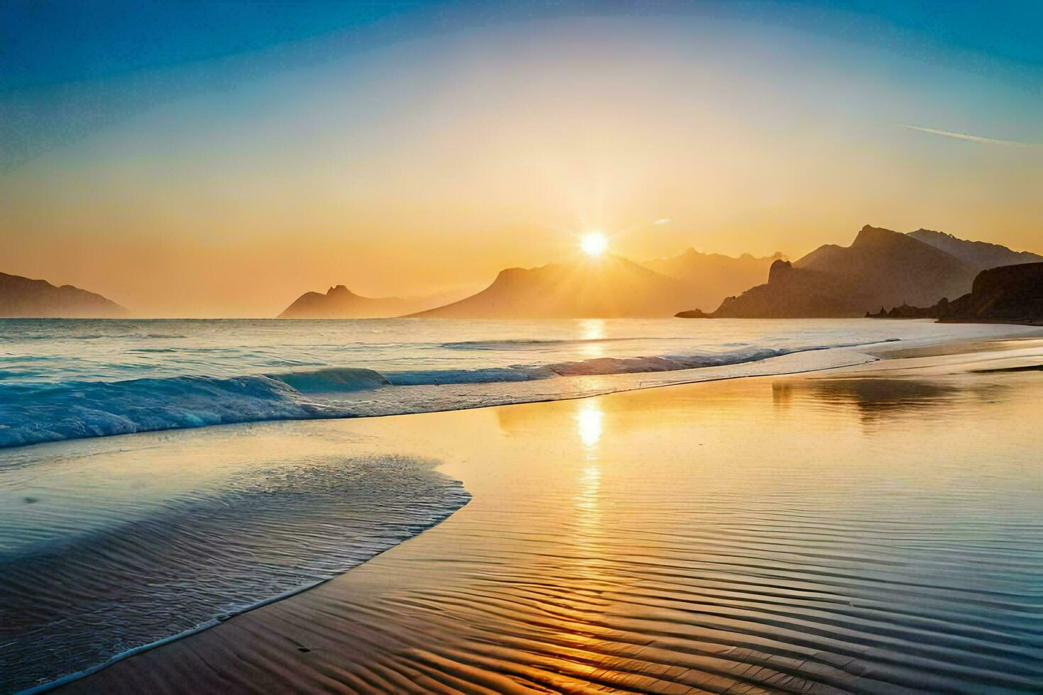 the sun rises over the ocean and mountains in this beautiful photo. AI-Generated photo