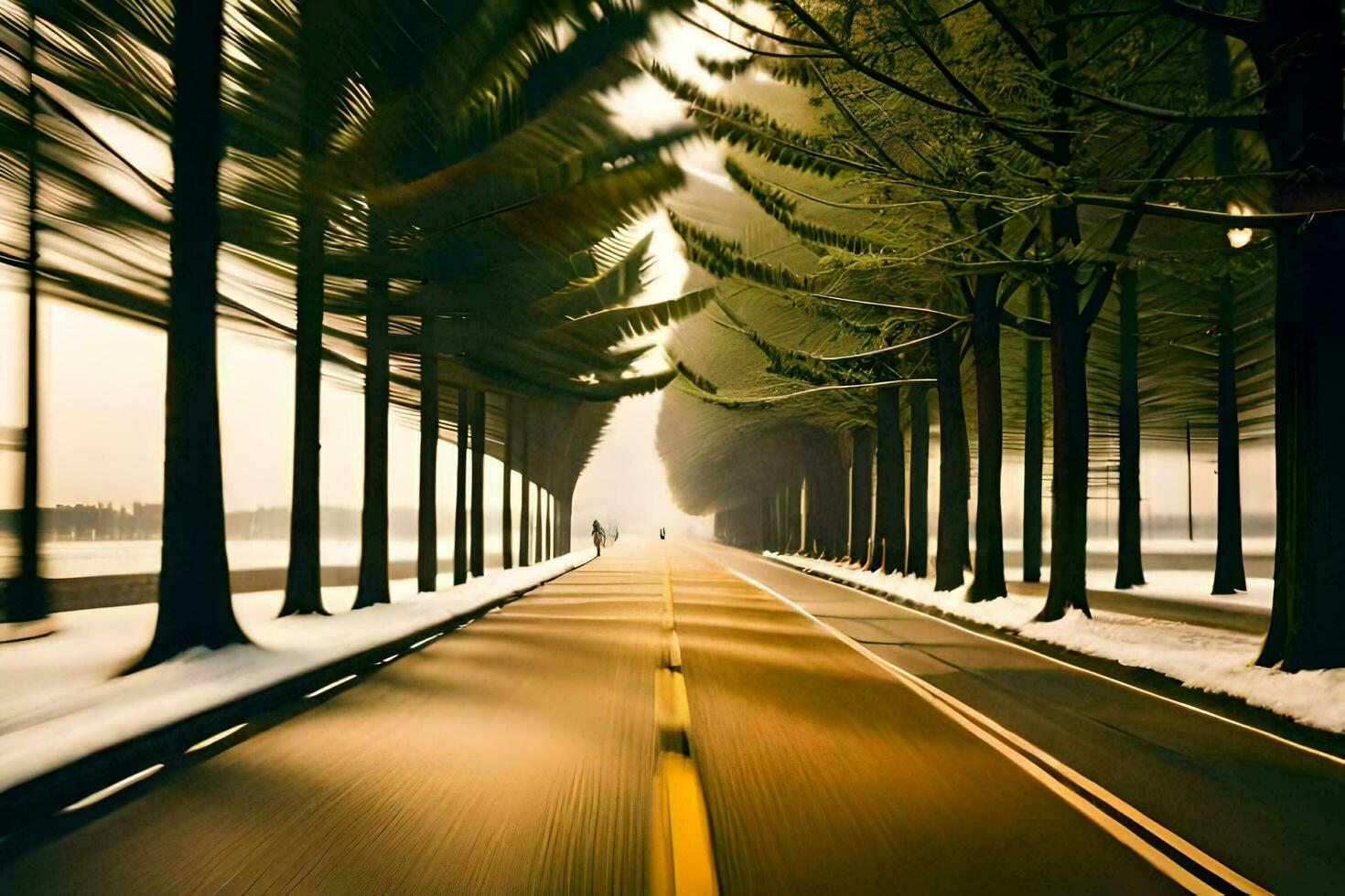 a long road with trees and snow on it. AI-Generated photo