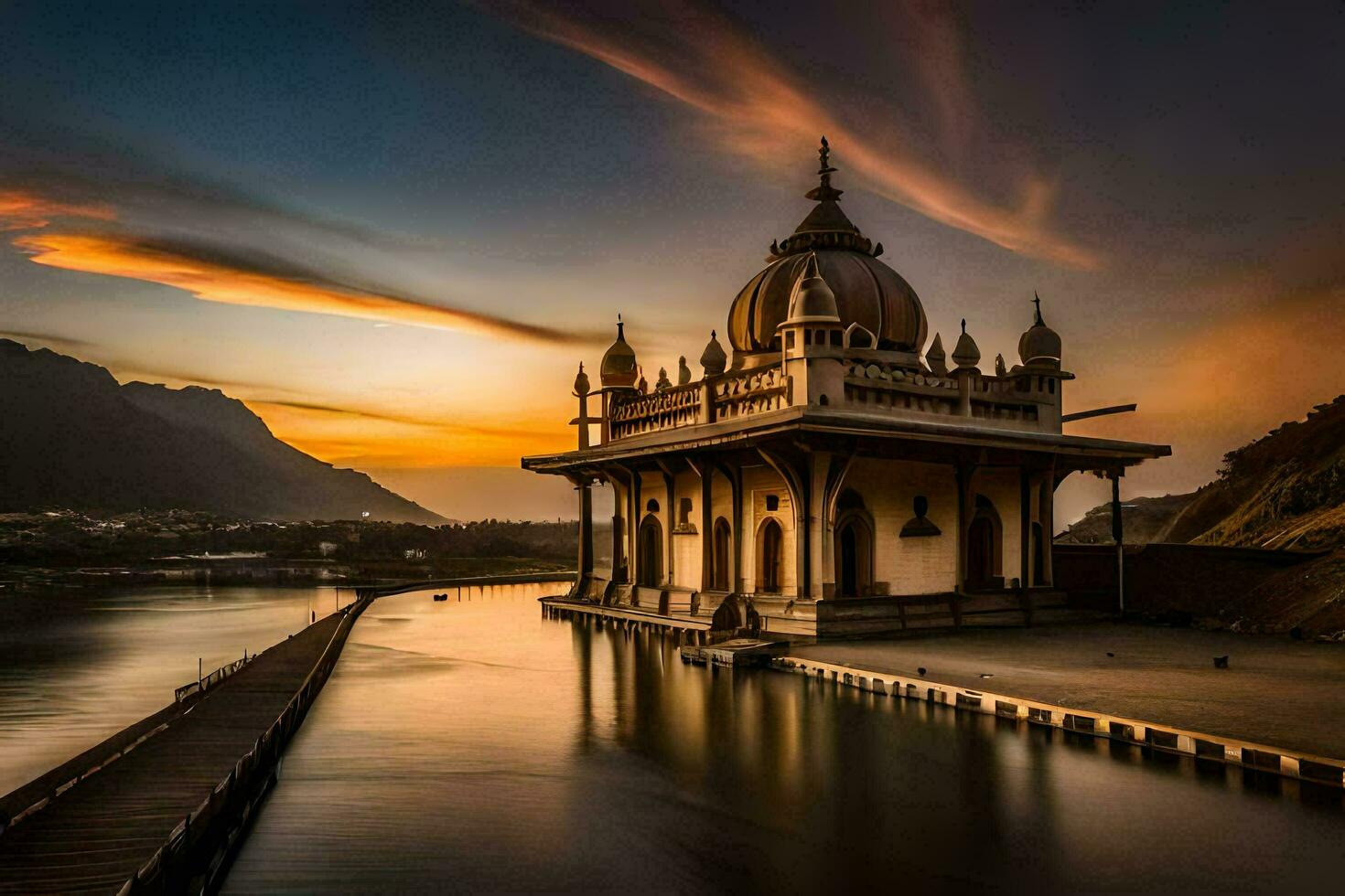 a beautiful sunset over a temple in india. AI-Generated photo