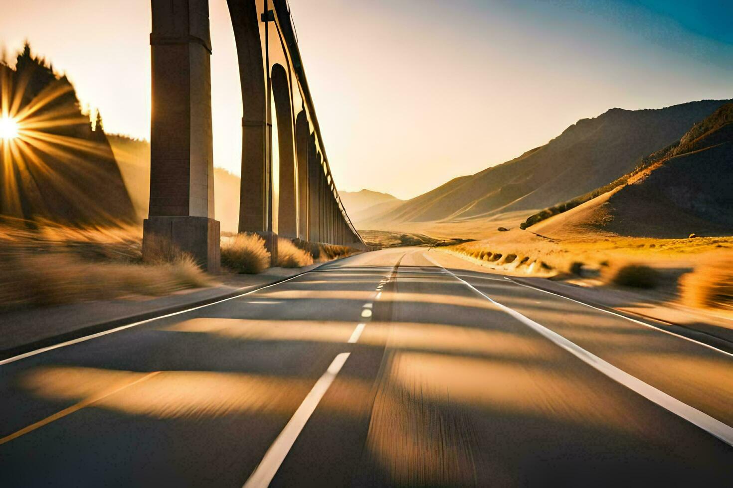 a road with a bridge in the background. AI-Generated photo