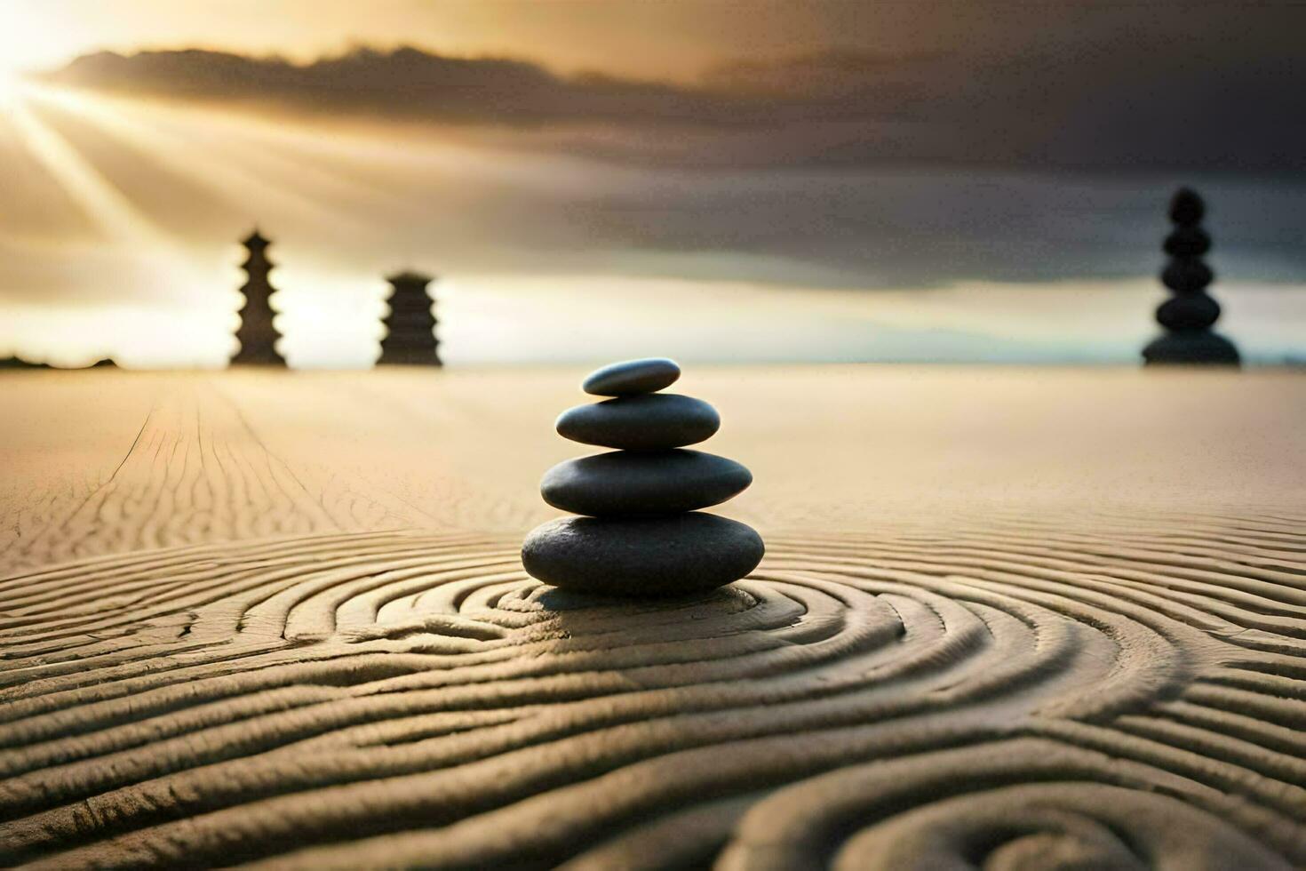 a stack of rocks in the sand. AI-Generated photo