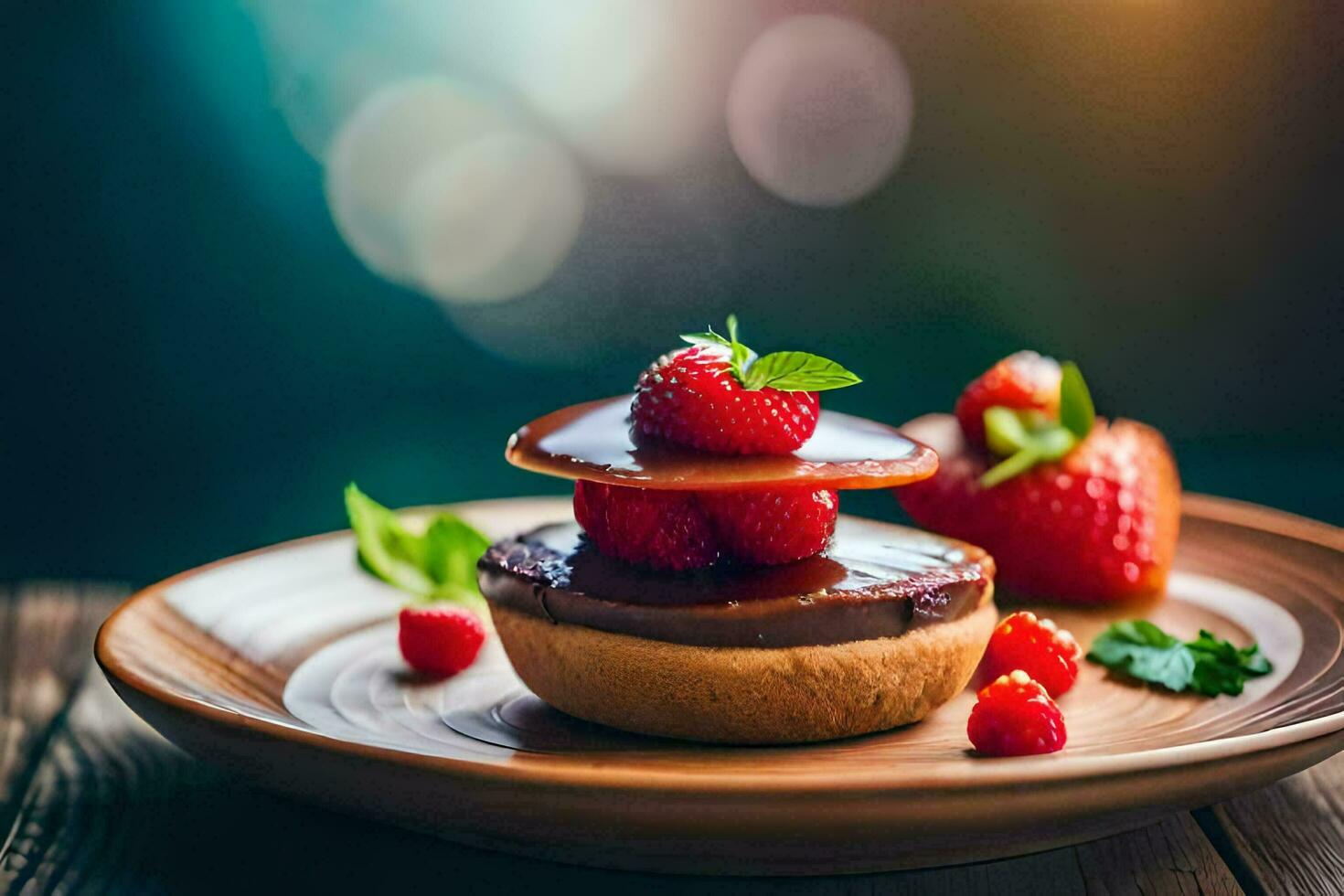 chocolate tart with strawberries and chocolate sauce on a wooden plate. AI-Generated photo