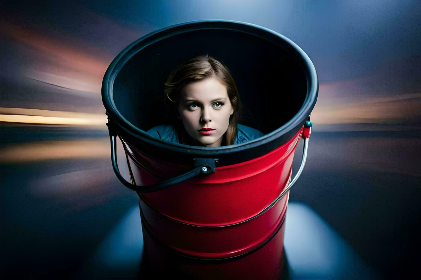 a woman is sitting inside of a red bucket. AI-Generated photo