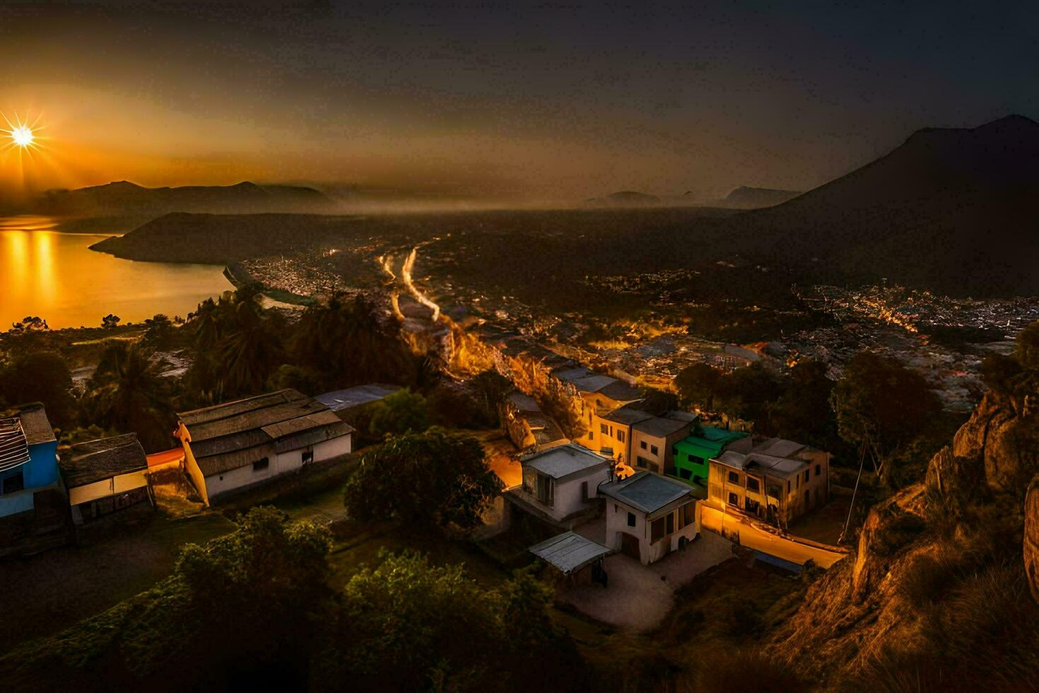 the sun sets over a town and lake. AI-Generated photo