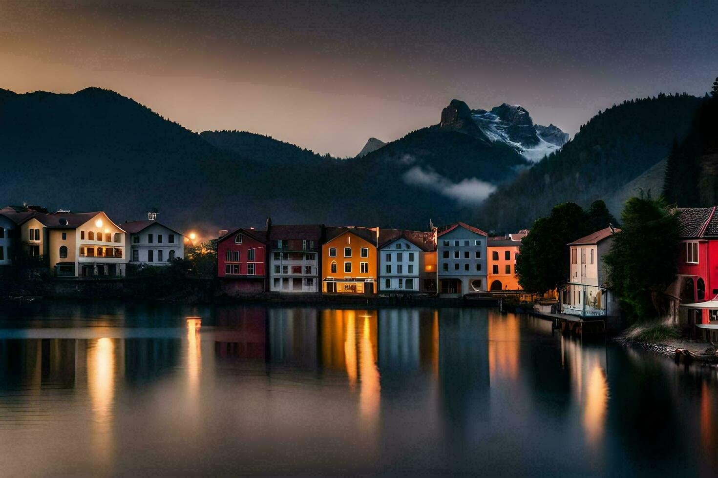 foto fondo de pantalla el cielo, montañas, lago, casas, el ciudad, el lago, el ciudad. generado por ai