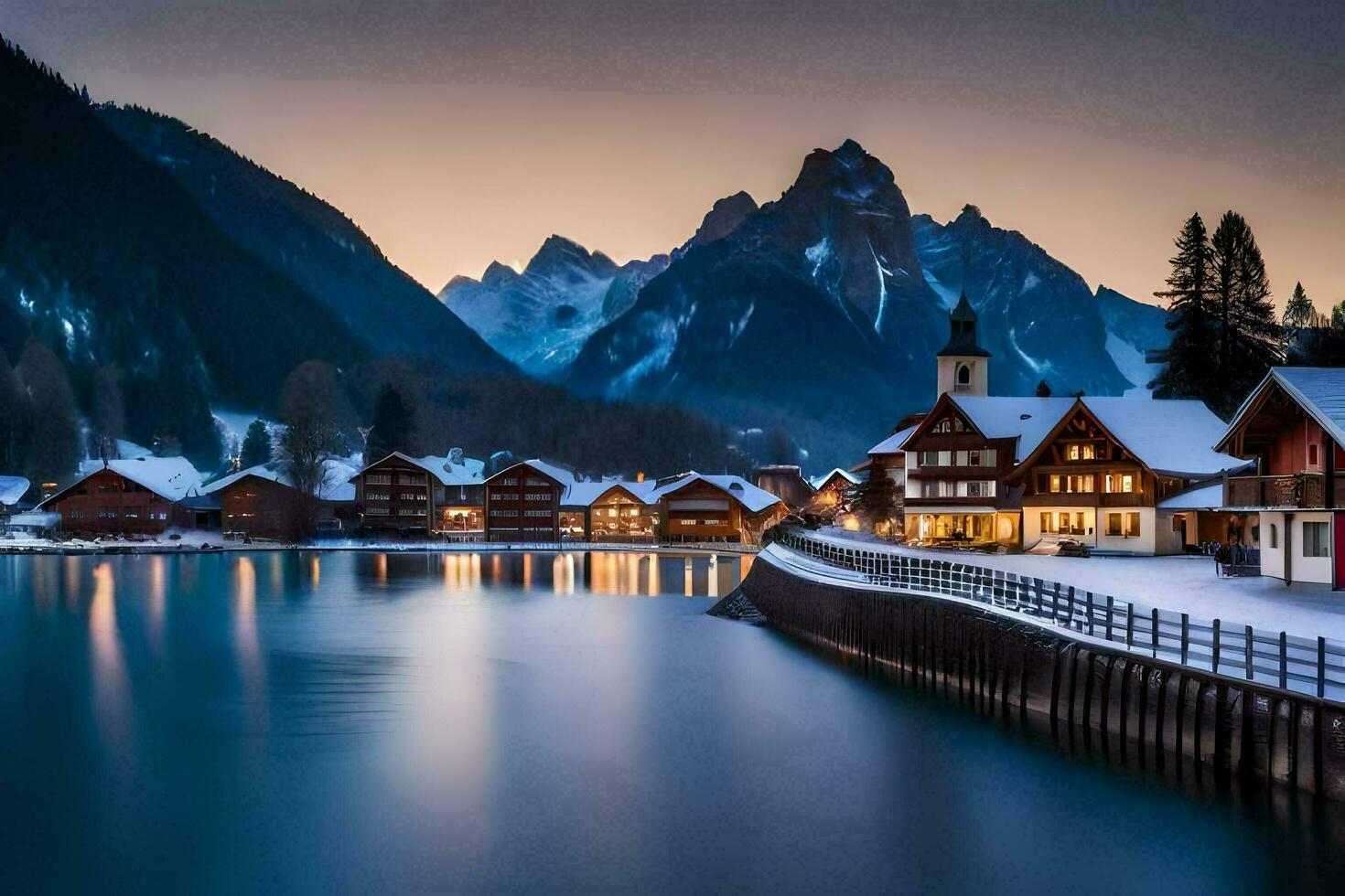 a lake and a mountain village at dusk. AI-Generated photo