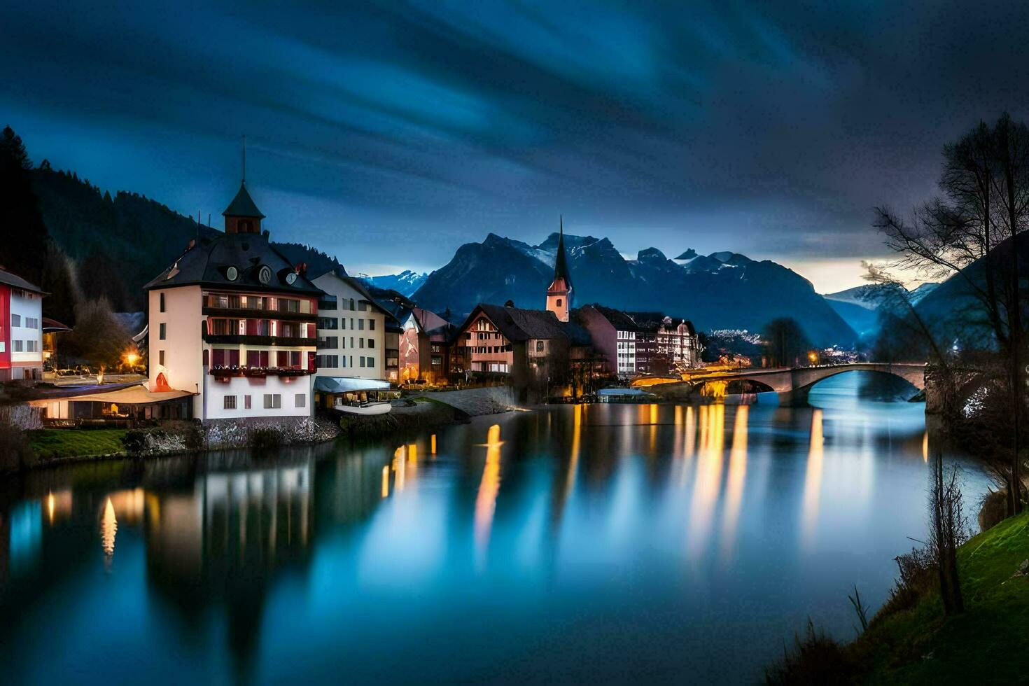 the town of hallstatt, austria, at night. AI-Generated photo