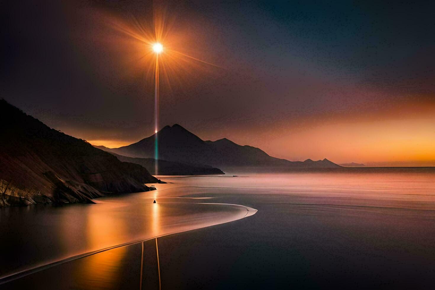 el Dom es brillante terminado un cuerpo de agua y montañas. generado por ai foto