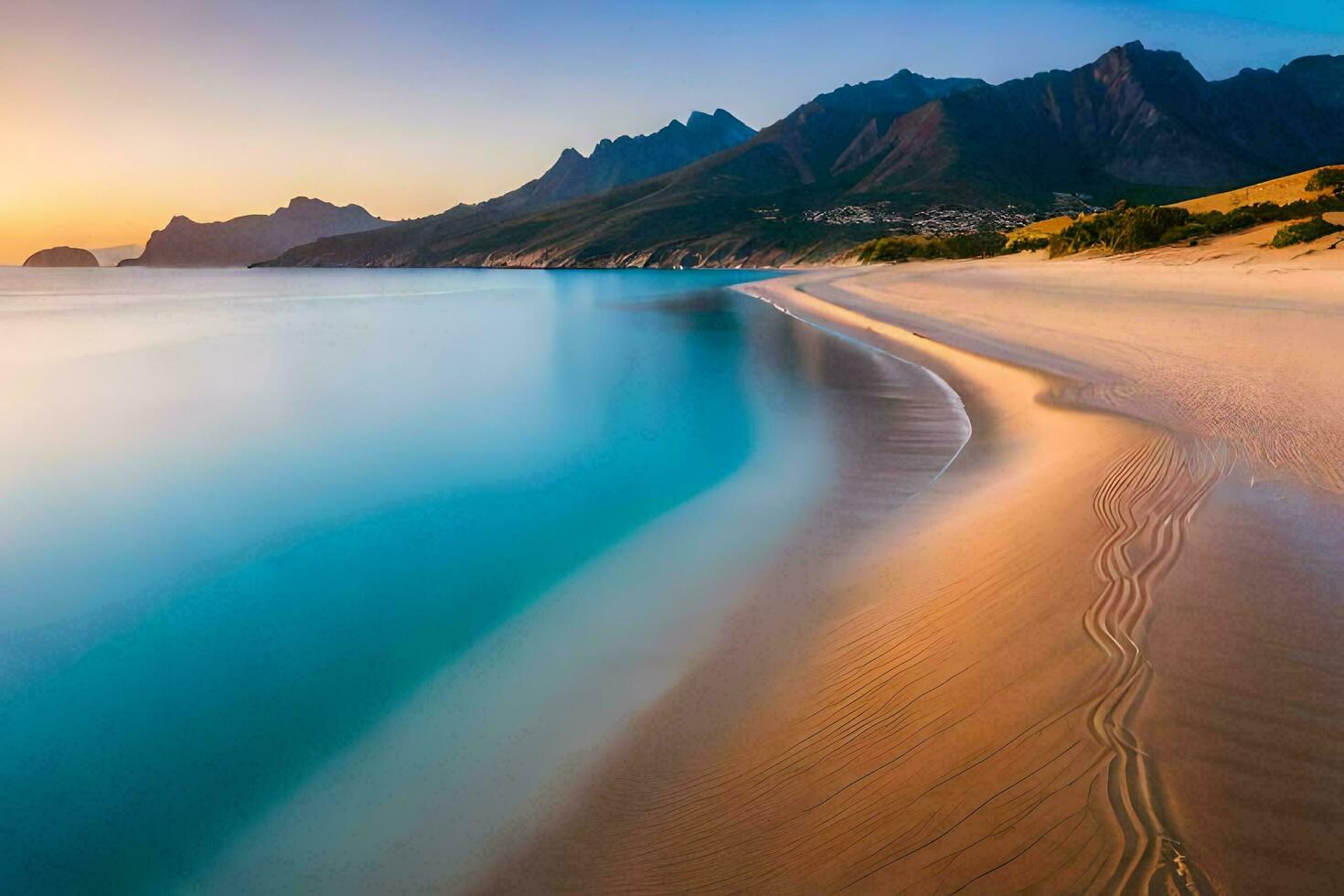 a long exposure photograph of a beach at sunset. AI-Generated photo