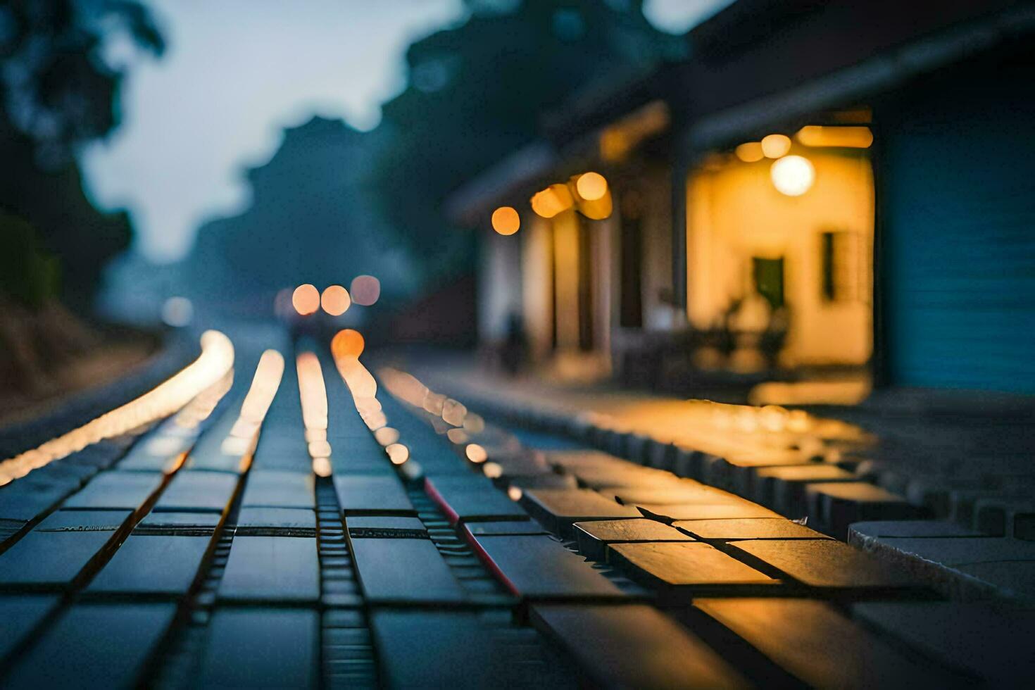 a long exposure photo of a train track at night. AI-Generated