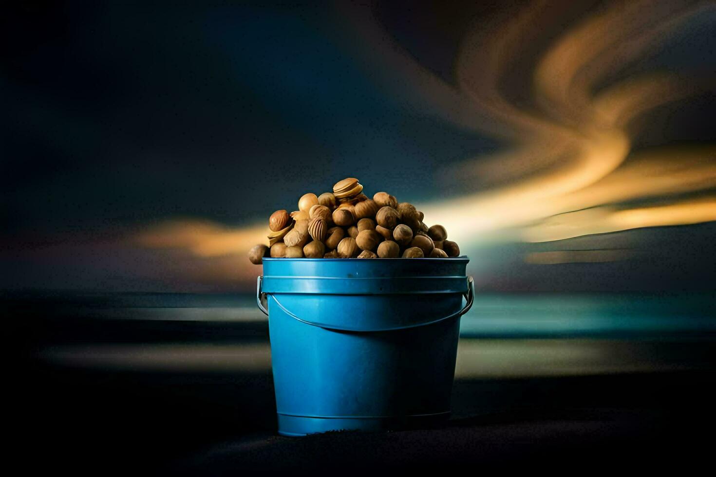 un Cubeta de nueces en el playa. generado por ai foto