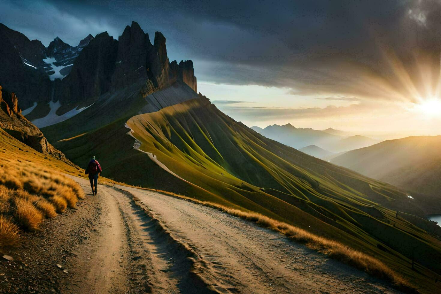 a man walks down a dirt road in the mountains. AI-Generated photo