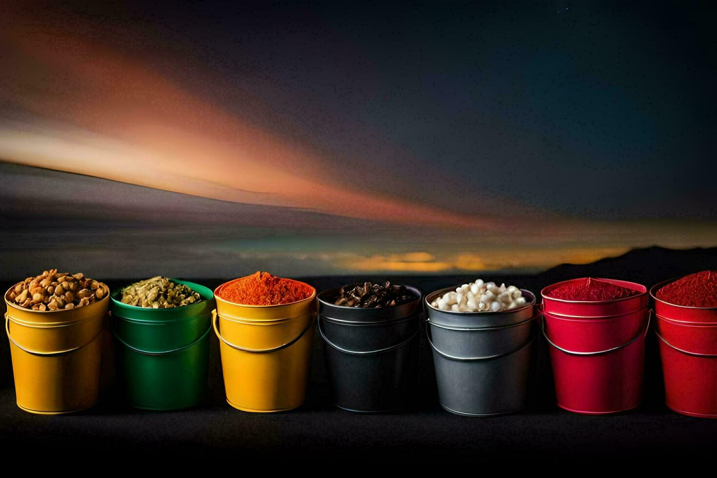 five buckets of different spices and herbs. AI-Generated photo