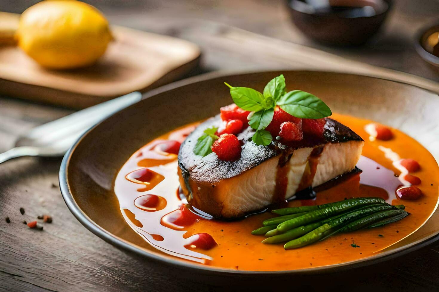 a plate with fish and vegetables on it. AI-Generated photo