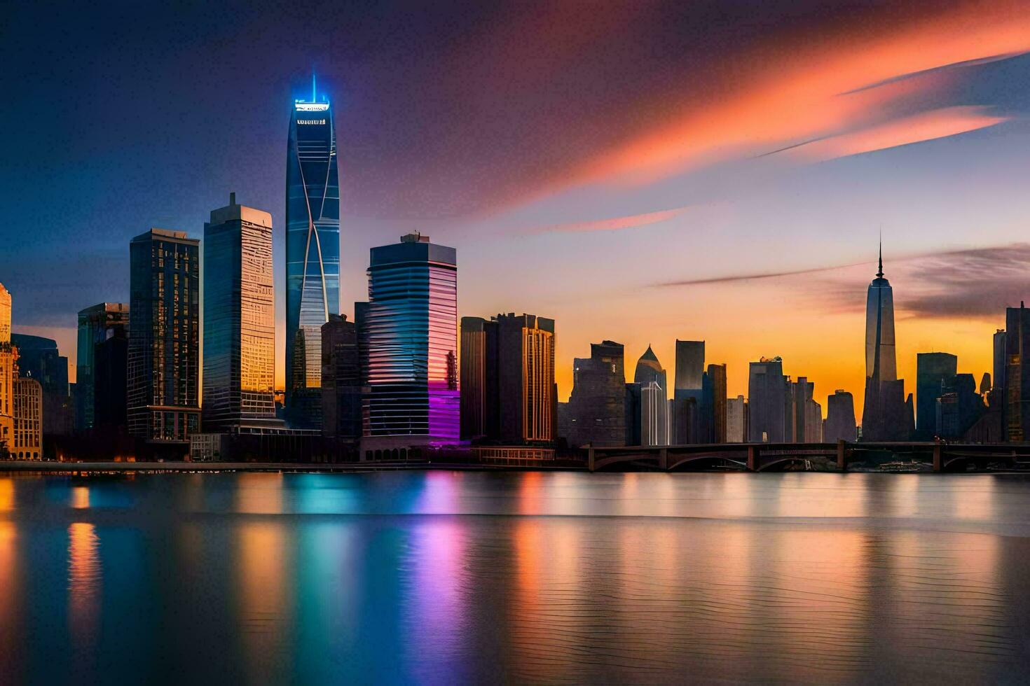 the city skyline at sunset with colorful buildings. AI-Generated photo