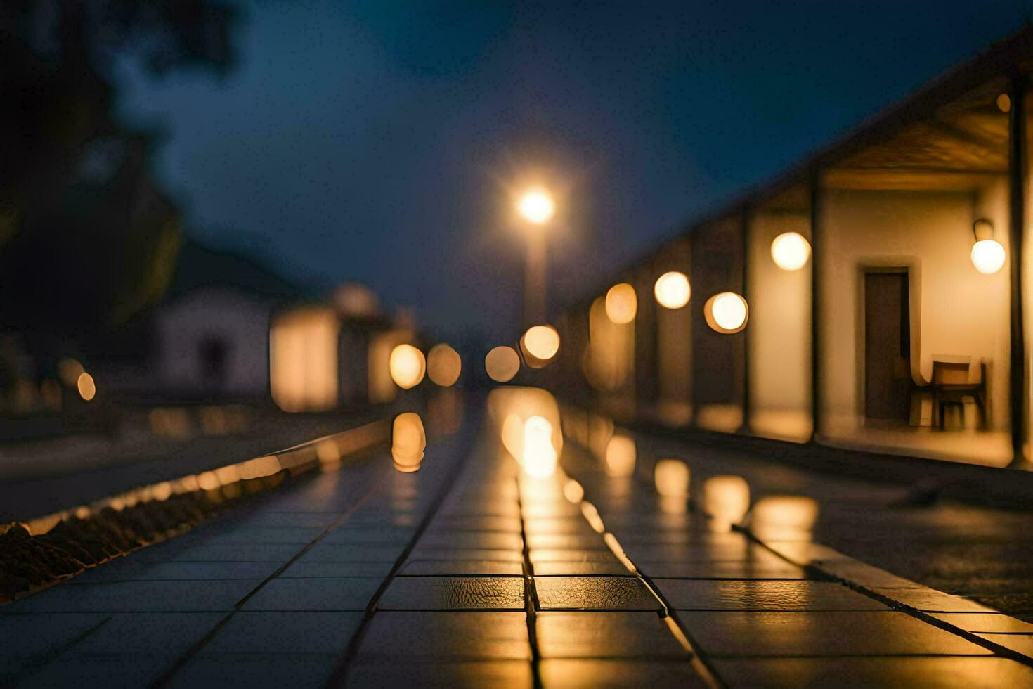 a long walkway with lights on the street. AI-Generated photo